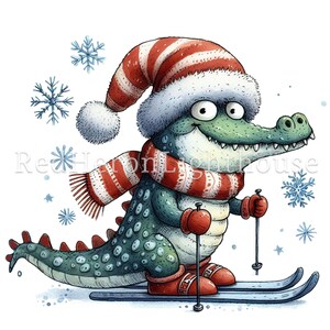 May include: A green crocodile wearing a red and white striped hat and scarf is skiing down a snowy hill. The crocodile is wearing red mittens and red ski boots. There are snowflakes in the background.