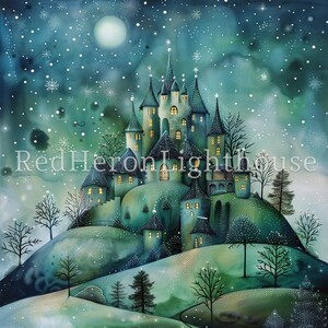 May include: A whimsical illustration of a blue and green castle on a snowy hilltop under a starry night sky. The castle has many towers and windows, and the hill is covered in snow and trees.