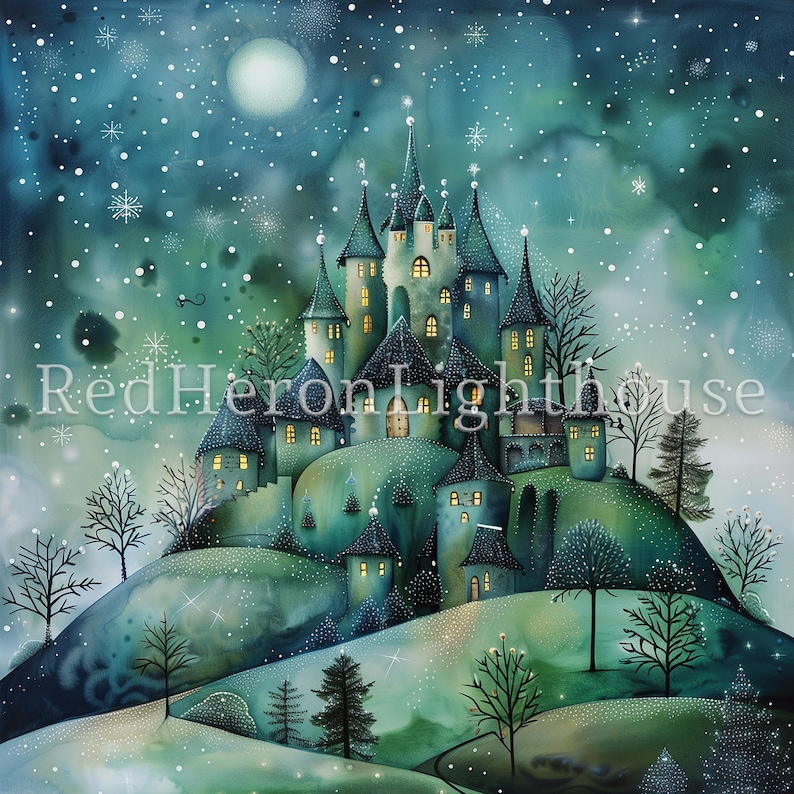 May include: A whimsical illustration of a blue and green castle on a snowy hilltop under a starry night sky. The castle has many towers and windows, and the hill is covered in snow and trees.