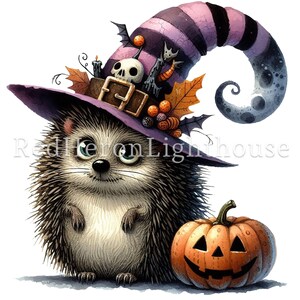 May include: A cute cartoon hedgehog wearing a purple and black witch hat with a skull and bats. The hedgehog is holding a jack-o'-lantern pumpkin.
