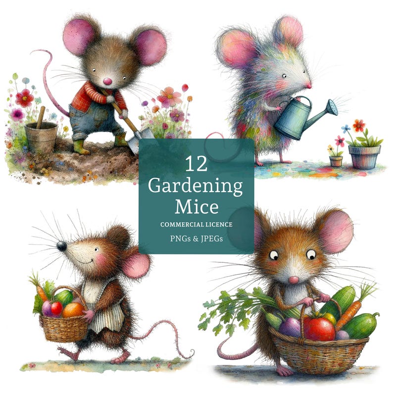 May include: Twelve digital illustrations of cute mice gardening. The mice are wearing overalls and holding gardening tools. The illustrations are in a watercolor style and have a whimsical feel.