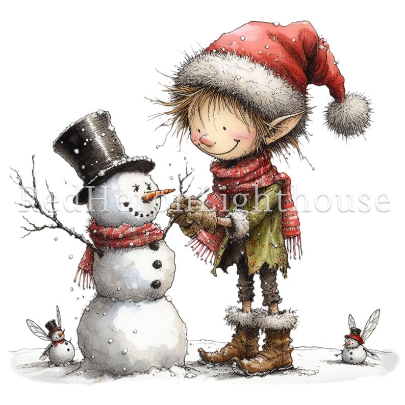 Op de afbeelding: Een fantasievolle illustratie van een kerst elf met een rode muts en sjaal, die de laatste hand legt aan een sneeuwpop met een zwarte hoge hoed en een rode sjaal. De elf houdt een takje vast in zijn hand, en er zijn twee kleine sneeuwpoppen met vleugels op de achtergrond.