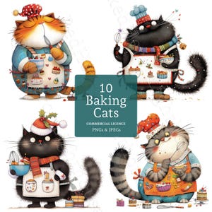 Könnte beinhalten: Digitale Illustration von vier Cartoon-Katzen in Bäcker-Outfits. Die Katzen tragen Schürzen und Kochmützen und halten Backutensilien und Schüsseln. Der Text "10 Baking Cats" und "Commercial Licence PNGs & JPEGs" ist enthalten.