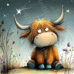 May include: A whimsical illustration of a Highland cow with a long, shaggy, orange-brown coat, large horns, and big eyes. The cow is sitting in a field of wildflowers under a starry night sky, reaching for a star with a wand.