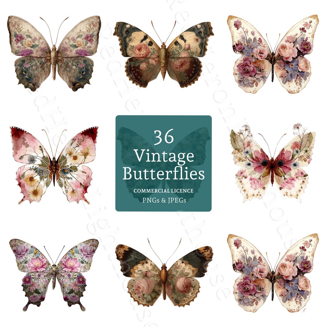 Vintage Style Butterfly Clipart, Floral Wings Printable Graphics ...