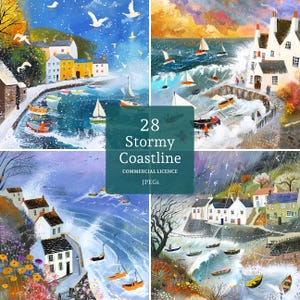 Puede incluir: Un conjunto de 28 ilustraciones digitales que representan paisajes marítimos tormentosos con casas y barcos coloridos. Las imágenes se titulan "28 Stormy Coastline" e incluyen una licencia comercial para JPEG.