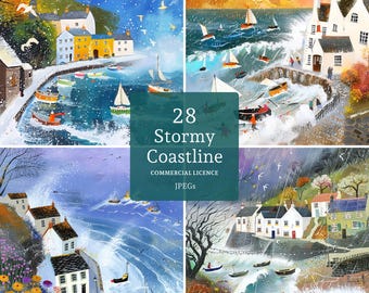 Stormy Coastline Clipart, 28 High Quality JPGs, Watercolour Whimsical Cornish Seaside Cottages, Card Making, Journal COMMERCIAL USE | BR0409