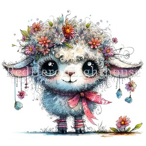 May include: A watercolor illustration of a cute, fluffy lamb with big eyes. The lamb is wearing a flower crown and a pink bow. The lamb is standing on a grassy field with flowers.