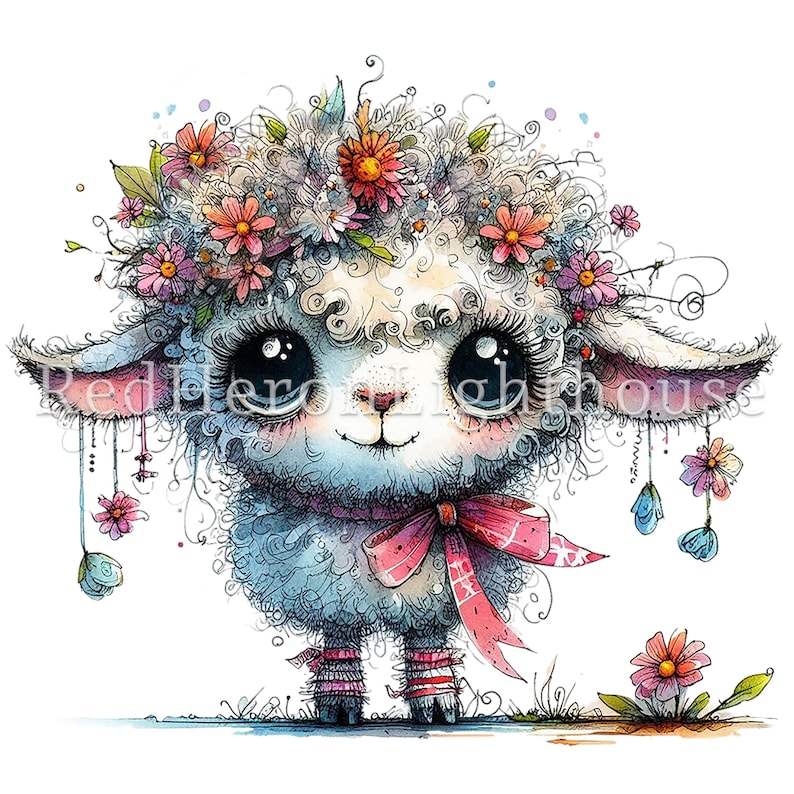 May include: A watercolor illustration of a cute, fluffy lamb with big eyes. The lamb is wearing a flower crown and a pink bow. The lamb is standing on a grassy field with flowers.