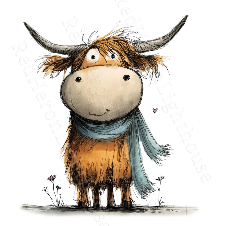 May include: A whimsical illustration of a Highland cow with a light blue scarf. The cow has long, curved horns, a fluffy brown coat, and a large, friendly face. Small purple flowers and a heart are also present.