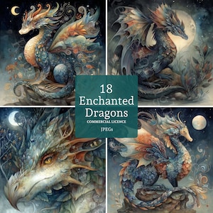 May include: A collection of four fantasy art prints featuring detailed illustrations of dragons. The dragons are depicted in various poses with intricate scales, wings, and horns. The color palette includes blues, oranges, and greens. The text "18 Enchanted Dragons" is visible.