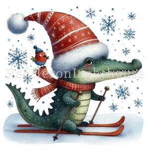 May include: A green crocodile wearing a red and white striped hat with a white pom-pom, a red scarf, and red and white striped skis. A small red bird with a blue hat is perched on the crocodile's shoulder. The background is white with blue snowflakes.