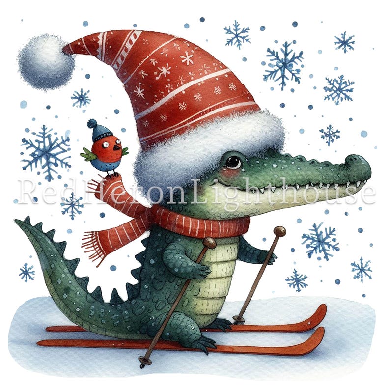 May include: A green crocodile wearing a red and white striped hat with a white pom-pom, a red scarf, and red and white striped skis. A small red bird with a blue hat is perched on the crocodile's shoulder. The background is white with blue snowflakes.