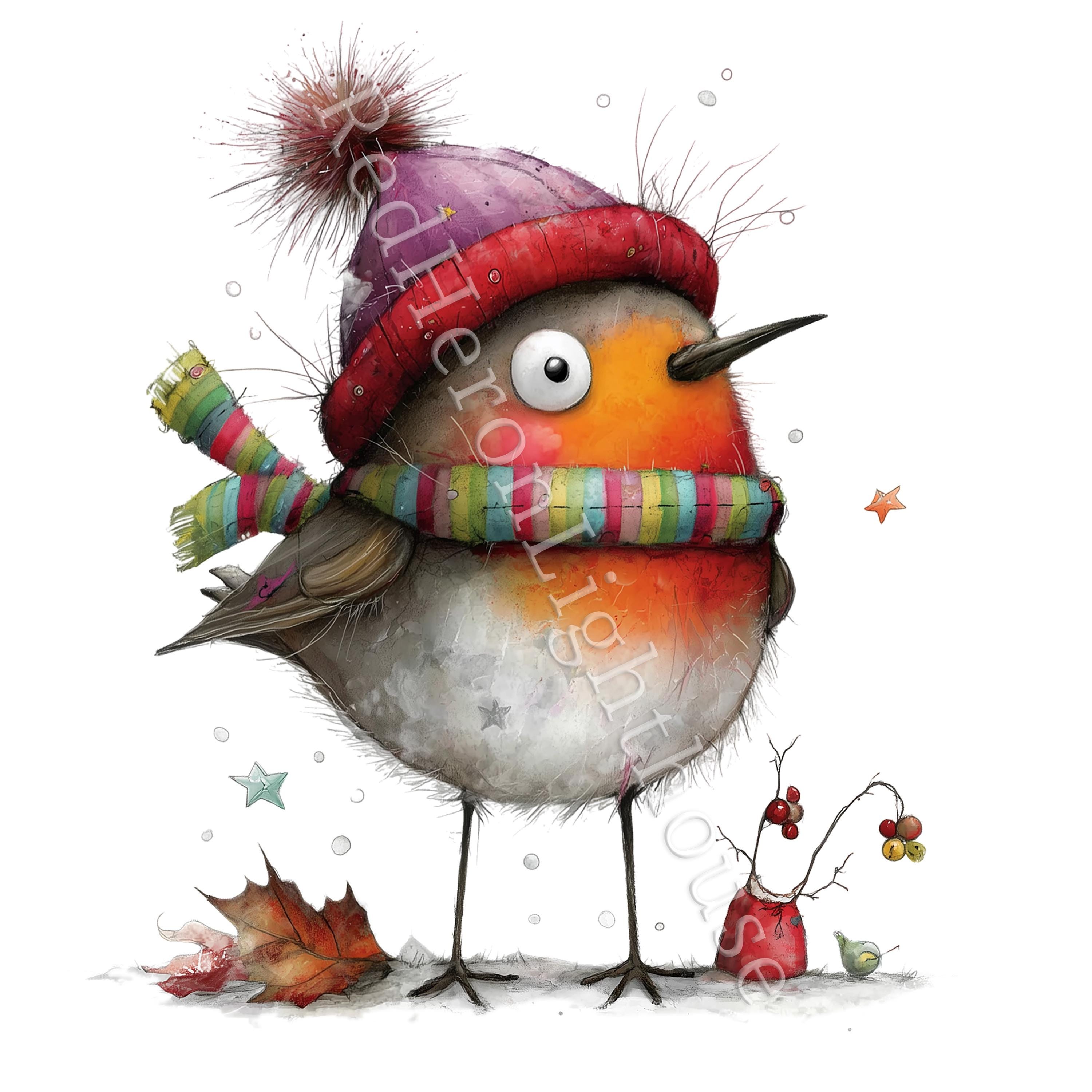 Whimsy Robin Quirky Christmas Robin Clipart, 10 High Quality Watercolour Whimsical ...