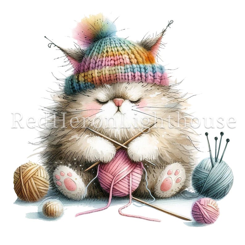 May include: A watercolour illustration of a fluffy cat wearing a rainbow-striped knitted hat, knitting with pink yarn. The cat has closed eyes and pink paw pads. Several balls of yarn in various colours surround the cat, with knitting needles.