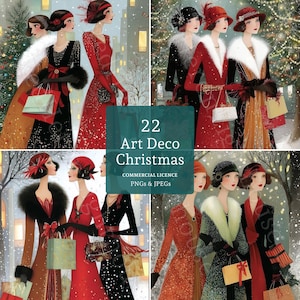 Puede incluir: Ilustraciones digitales de Navidad Art Déco con mujeres vestidas con abrigos, vestidos y sombreros elegantes, con un fondo nevado. La imagen incluye el texto "22 Art Deco Christmas" y tiene una estética vintage.