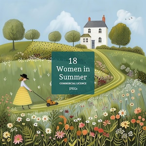 Clipart femmes en été, 18 fichiers JPG haute qualité, Art folklorique jardinières, fabrication de cartes et de calendriers, journal indésirable, UTILISATION COMMERCIALE | AR0424