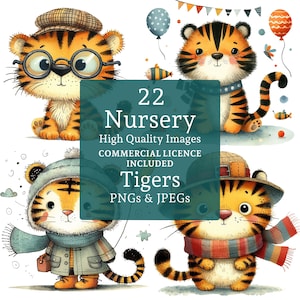Clipart tigre mignon, 22 PNGs/JPG bébés tigres, adorables animaux de la jungle, décoration pour enfants/chambres d'enfants, utilisation commerciale en téléchargement numérique | AR0624