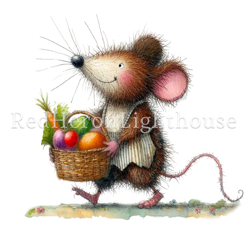 May include: A cartoon mouse wearing a striped apron carries a basket of fresh vegetables, including carrots, tomatoes, and peppers. The mouse is smiling and walking on a path.