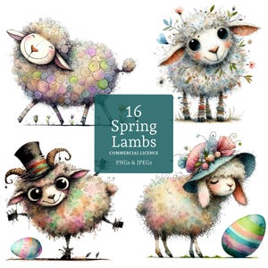 Spring Lambs Clipart, 16 PNGs/JPGs de alta qualidade, Imagens caprichosas de ovelhas de Páscoa, Arte de animais fofos, Clipart de berçário, USO COMERCIAL | AR1121-2