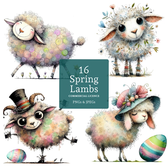 Spring Lambs Clipart, 16 High Quality PNGs/JPGs, Whimsical Easter Sheep Images, Cute Animal Art, Nursery Clipart, COMMERCIAL USE | AR1121-2
