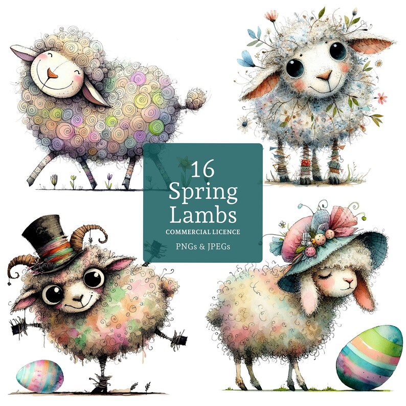 May include: A set of 16 digital illustrations of spring lambs. The lambs are drawn in a whimsical style with colorful details and are perfect for adding a touch of spring to your projects. 16 Spring Lambs Commercial Licence PNGs & JPEGs