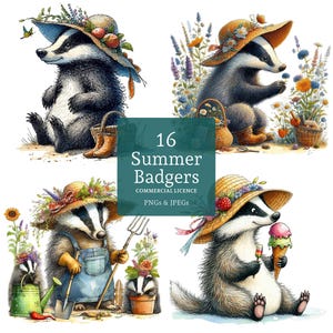 Badger Clipart 16 High Quality PNGs/JPGs, Whimsical Summer Floral Badgers, Woodland Animal, Card Making, Journals, COMMERCIAL USE | AR1016-1
