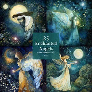 May include: Four digital art prints depicting angels with detailed wings, set against a backdrop of moons and stars. The artwork has a fantasy theme with soft colours. The text "25 Enchanted Angels" is visible.