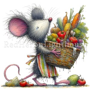 May include: A cartoon mouse wearing a striped apron carries a basket full of fresh vegetables, including carrots, tomatoes, and zucchini. The mouse is walking on a dirt path with a few tomatoes scattered around.