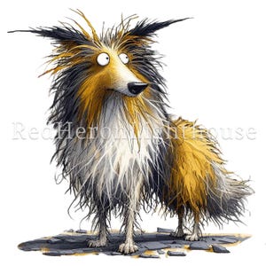 May include: A whimsical illustration of a dog with a startled expression. The dog has a long, shaggy coat in shades of brown, black, and white. Its eyes are wide, and it appears to be standing on a rocky surface. The image has a cartoonish style.