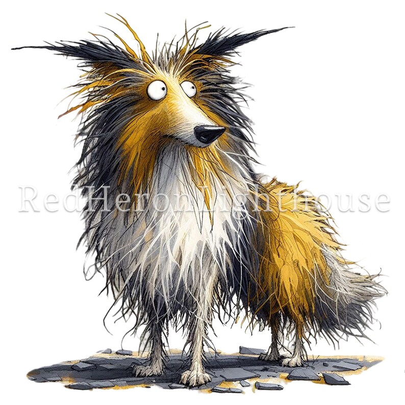 May include: A whimsical illustration of a dog with a startled expression. The dog has a long, shaggy coat in shades of brown, black, and white. Its eyes are wide, and it appears to be standing on a rocky surface. The image has a cartoonish style.