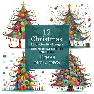 Set di clipart di alberi di Natale stravaganti, 12 PNG/JPG, albero di Natale festoso, arte stravagante delle vacanze invernali, download digitale per uso commerciale / AR0809-1