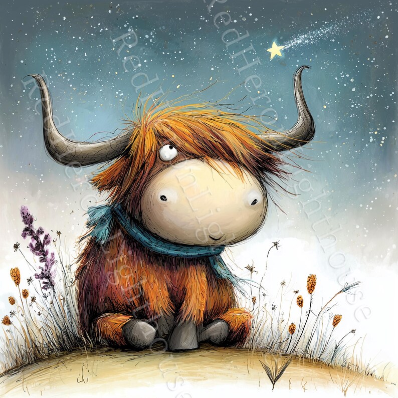 May include: A whimsical illustration of a Highland cow with orange fur, large horns, and a blue scarf. The cow is sitting in a field of grass and wildflowers under a starry night sky with a shooting star. The artwork has a cartoonish style.