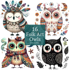 Volkskunst Eulen-Clipart-Set, 16 PNGs / JPGS, Pastell-Eulenbilder, Kinderzimmerkunst, Vogelliebhaber-Geschenkideen, KOMMERZIELLE NUTZUNG Digitaler Download | AR0912-1