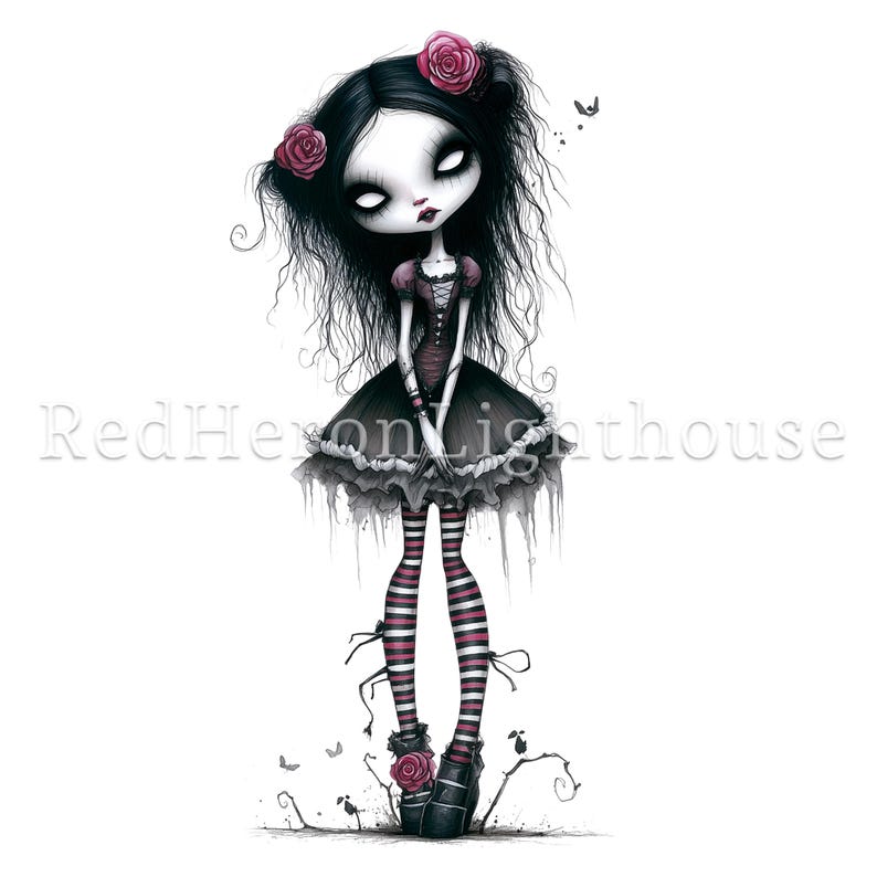 Pode incluir: Ilustra&ccedil;&atilde;o de uma figura de boneca g&oacute;tica com pele p&aacute;lida, cabelo preto e olhos escuros. A boneca usa um vestido preto, meias listradas e sapatos de plataforma. Rosas cor-de-rosa adornam o cabelo e os sapatos. Est&eacute;tica sombria e fantasiosa.