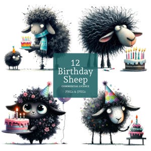 Clipart de ovelhas para aniversário, 11 imagens PNG/JPG de alta qualidade em aquarela de ovelhas para festa, criação de cartões, artesanato em papel/digital, uso comercial | BR0415-1