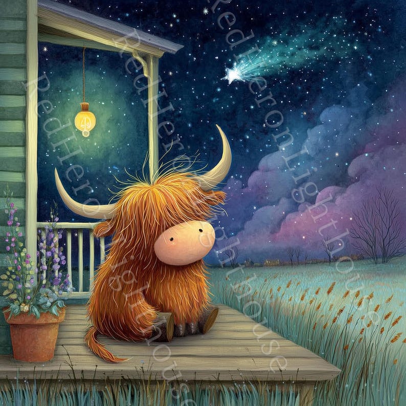 May include: A whimsical illustration of a Highland cow sitting on a porch, gazing at a starry night sky with a shooting star. The cow has long, shaggy orange fur, large horns, and a light-colored face. A hanging lantern and potted flowers add to the cozy scene.