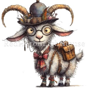 May include: A white goat wearing a blue hat with feathers and a red bow tie. The goat is wearing glasses and has a brown leather backpack. The goat is standing on a white background.