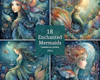 Enchanted Mermaid Clipart, 18 High Quality Watercolour Fantasy Ocean JPGs, Card Making Junk Journal Paper Craft Digital Download | BR0814-1