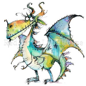 May include: A whimsical cartoon dragon with a stitched mouth, large eyes, and a colorful, spiky tail. The dragon is painted in shades of blue, green, and yellow, with a watercolor effect.