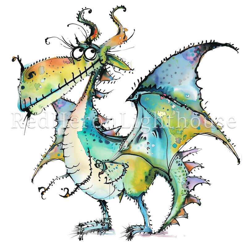 May include: A whimsical cartoon dragon with a stitched mouth, large eyes, and a colorful, spiky tail. The dragon is painted in shades of blue, green, and yellow, with a watercolor effect.