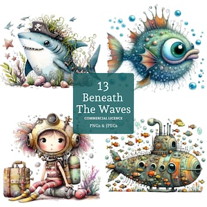 Under The Sea Clipart 13 hoge kwaliteit PNG's/JPG's, grillige zeedieren, Kids Paper & Digital Crafts, sublimatie, COMMERCIEEL GEBRUIK | BR0127