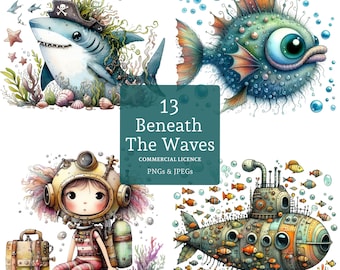Under The Sea Clipart 13 High Quality PNGs/JPGs, Whimsical Sea Animals, Kids Paper & Digital Crafts, Sublimation, COMMERCIAL USE | BR0127
