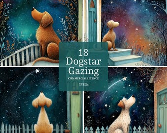 Dog Star Gazing Clipart, 18 High Quality Watercolour Whimsical Pet Ephemera JPGs Card Making Journal Paper Craft COMMERCIAL USE | BR0603