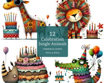 Celebration Jungle Animal Clipart, 12 High Quality PNGs/JPGs, Funny Party Animal Images, Birthday Crafting & Decor COMMERCIAL USE | AR0106-2