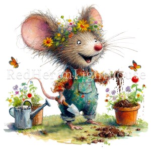May include: A cartoon mouse wearing overalls and a flower crown is gardening. The mouse is holding a small shovel and a pot of flowers. There are butterflies flying around the mouse.