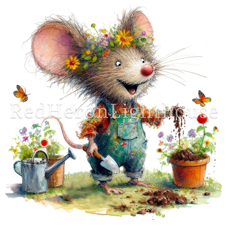 May include: A cartoon mouse wearing overalls and a flower crown is gardening. The mouse is holding a small shovel and a pot of flowers. There are butterflies flying around the mouse.