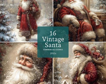 Vintage kerstman-illustraties: aquarel nostalgische kerstkunst (16 jpg's, digitale download, commercieel gebruik) Junk Journal, kaarten maken