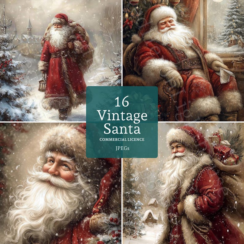 May include: Four vintage illustrations of Santa Claus in a red suit with white fur trim, set in snowy scenes. Santa is shown carrying gifts and in a relaxed pose. The images include the text "16 Vintage Santa" and "Commercial Licence JPEGs".
