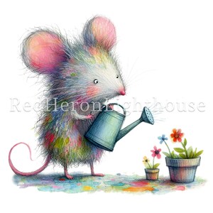 May include: A colorful mouse with a pink nose and ears is watering a small potted plant with a blue watering can. The mouse is standing on a colorful background.